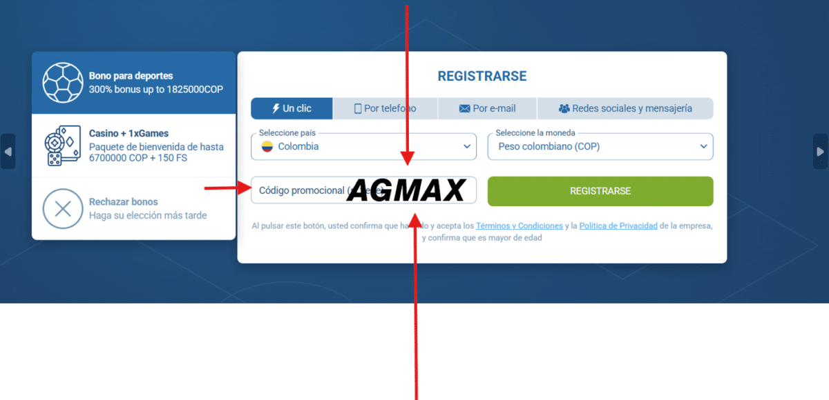 código promocional AGMAX en 1XBET Colombia